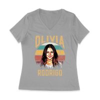 Retro Sunset Stripes Olivia Rodrigo Graphic Tee with Vintage Portrait Women Jersey V-Neck