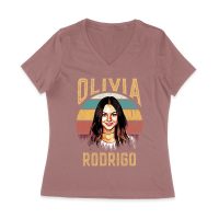 Retro Sunset Stripes Olivia Rodrigo Graphic Tee with Vintage Portrait Women Jersey V-Neck
