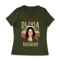 Retro Sunset Stripes Olivia Rodrigo Graphic Tee with Vintage Portrait Women Jersey V-Neck