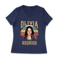 Retro Sunset Stripes Olivia Rodrigo Graphic Tee with Vintage Portrait Women Jersey V-Neck