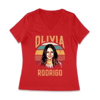 Retro Sunset Stripes Olivia Rodrigo Graphic Tee with Vintage Portrait Women Jersey V-Neck