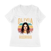 Retro Sunset Stripes Olivia Rodrigo Graphic Tee with Vintage Portrait Women Jersey V-Neck