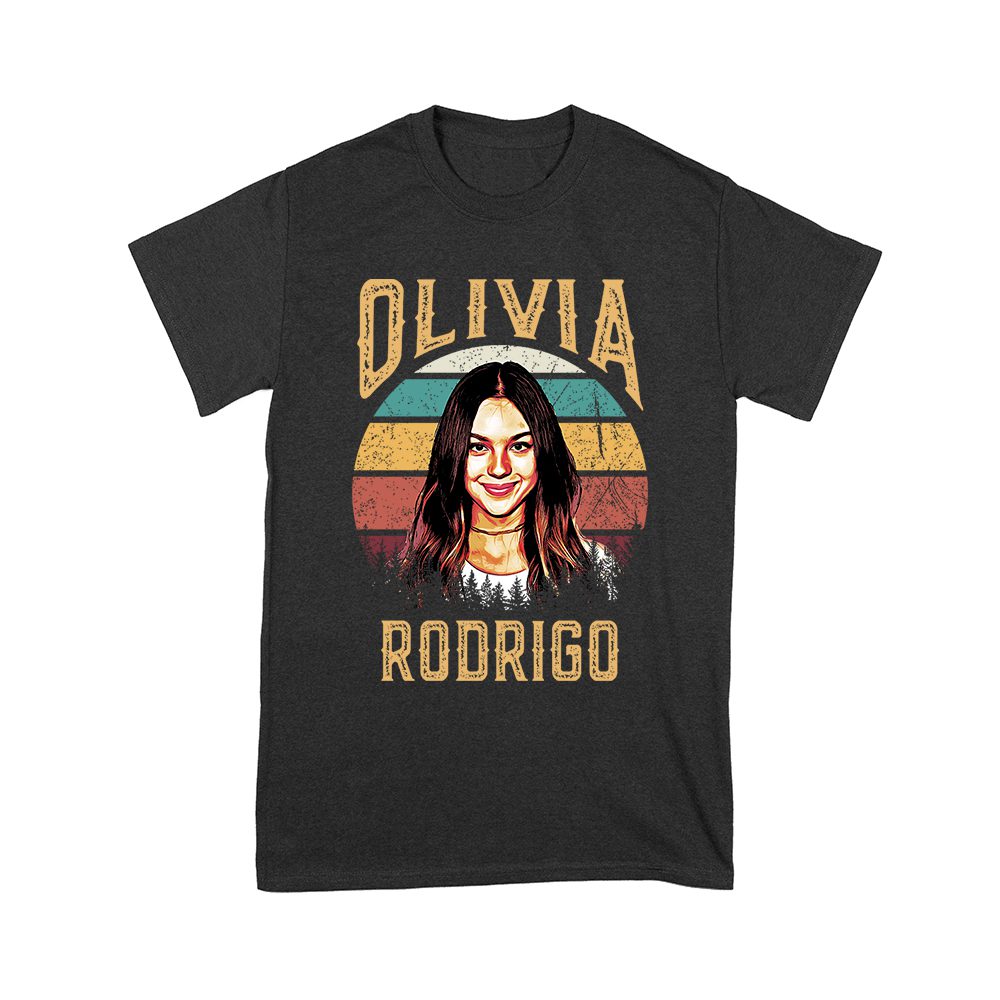 Olr-02_Y-Black.jpg Retro Sunset Stripes Olivia Rodrigo Graphic Tee With Vintage Portrait Unisex Youth – Viva Party