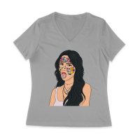 Olivia Rodrigo Cartoon Style T-Shirt with Face Stickers and Pop Expression Women Jersey V-Neck