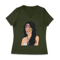 Olivia Rodrigo Cartoon Style T-Shirt with Face Stickers and Pop Expression Women Jersey V-Neck