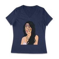 Olivia Rodrigo Cartoon Style T-Shirt with Face Stickers and Pop Expression Women Jersey V-Neck