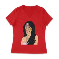 Olivia Rodrigo Cartoon Style T-Shirt with Face Stickers and Pop Expression Women Jersey V-Neck
