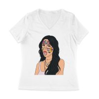 Olivia Rodrigo Cartoon Style T-Shirt with Face Stickers and Pop Expression Women Jersey V-Neck