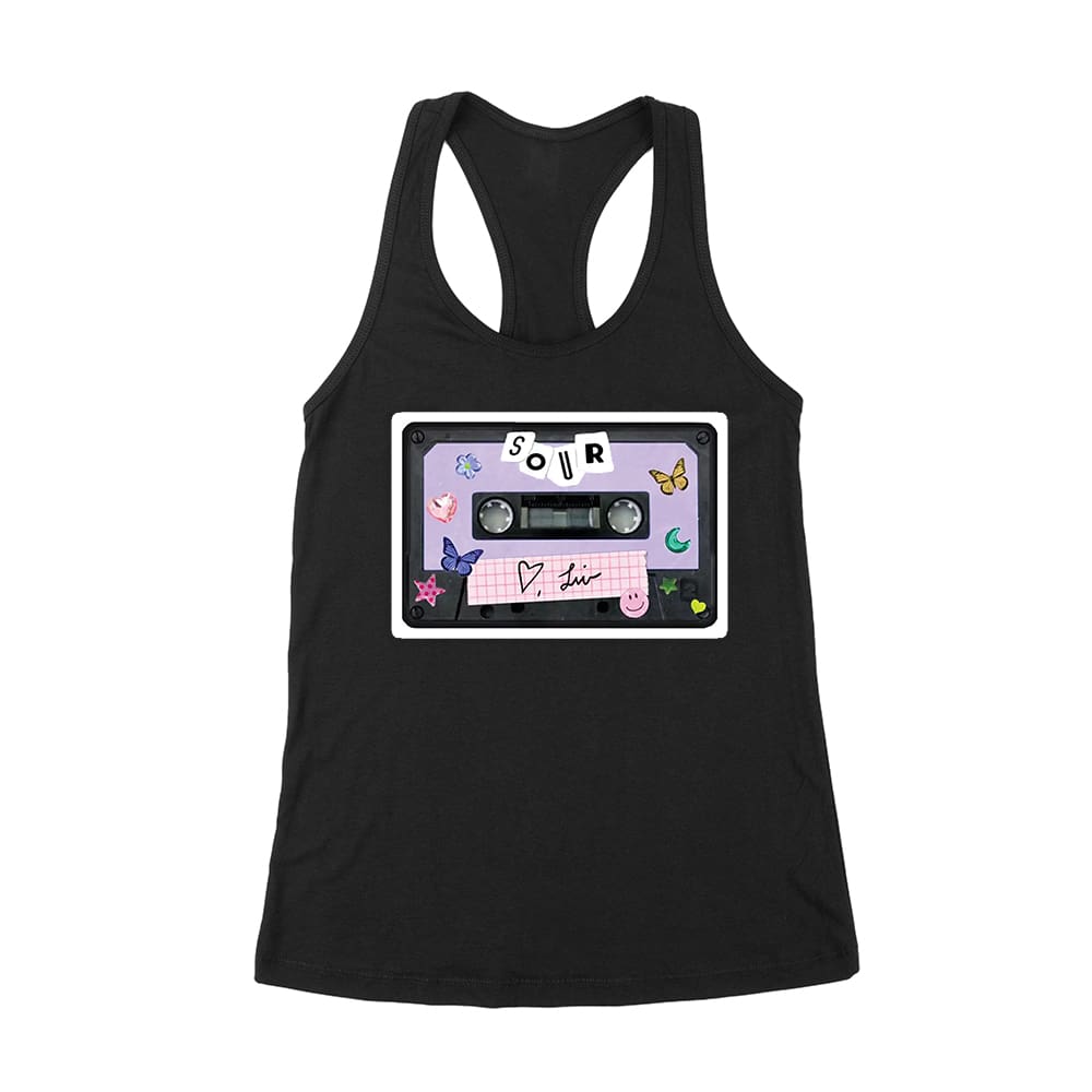 Olr-06_Wrtt-Black.jpg Sour Cassette Tape Olivia Rodrigo T-Shirt With Butterflies And Notes Women'S Racerback Tank Top – Viva Party