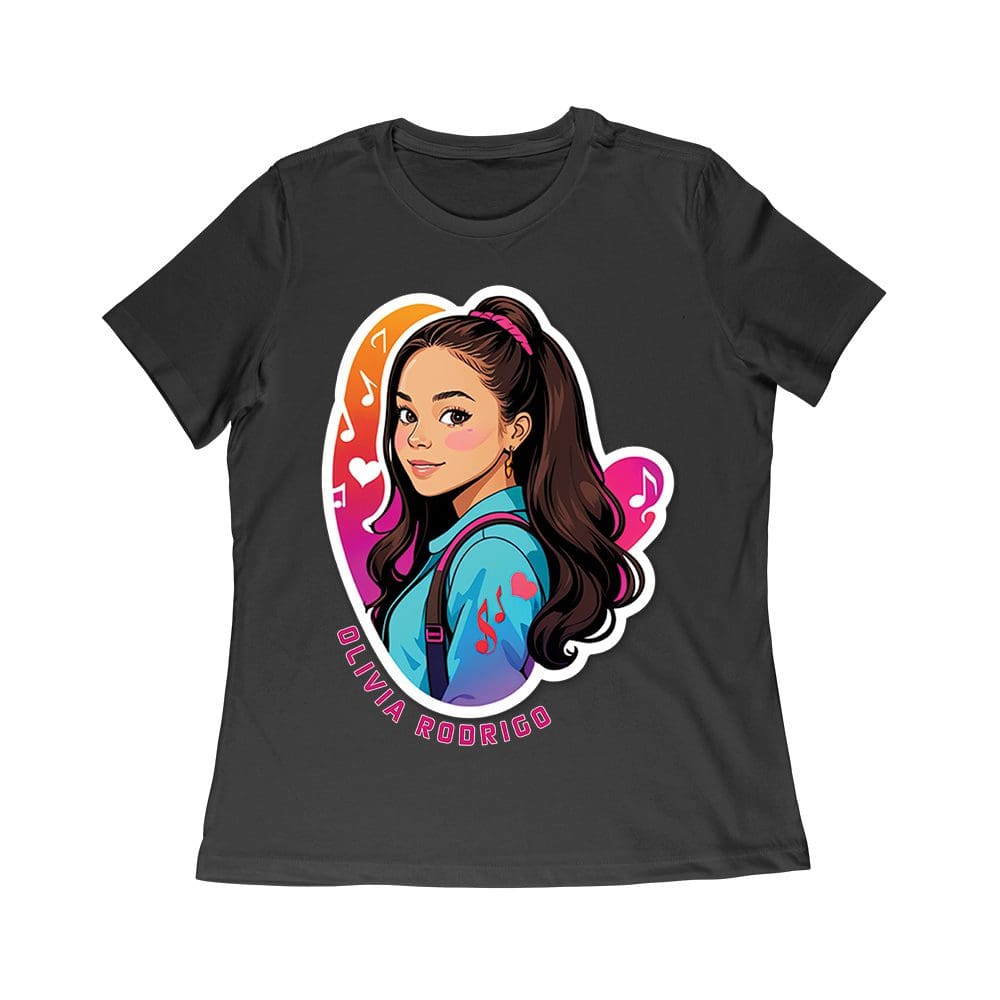 Olr-10_Wr-Black.jpg Bright Olivia Rodrigo Cartoon T-Shirt With Ponytail And Music Icons Women Relaxed – Viva Party