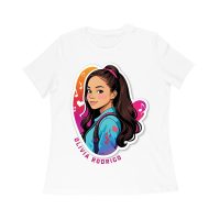 Bright Olivia Rodrigo Cartoon T-Shirt with Ponytail and Music Icons Women Relaxed