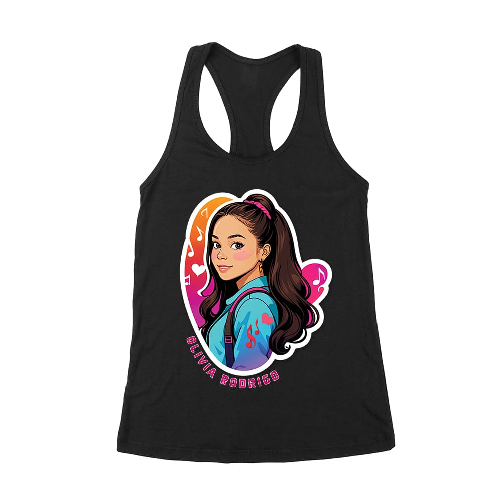 Olr-10_Wrtt-Black.jpg Bright Olivia Rodrigo Cartoon T-Shirt With Ponytail And Music Icons Women'S Racerback Tank Top – Viva Party