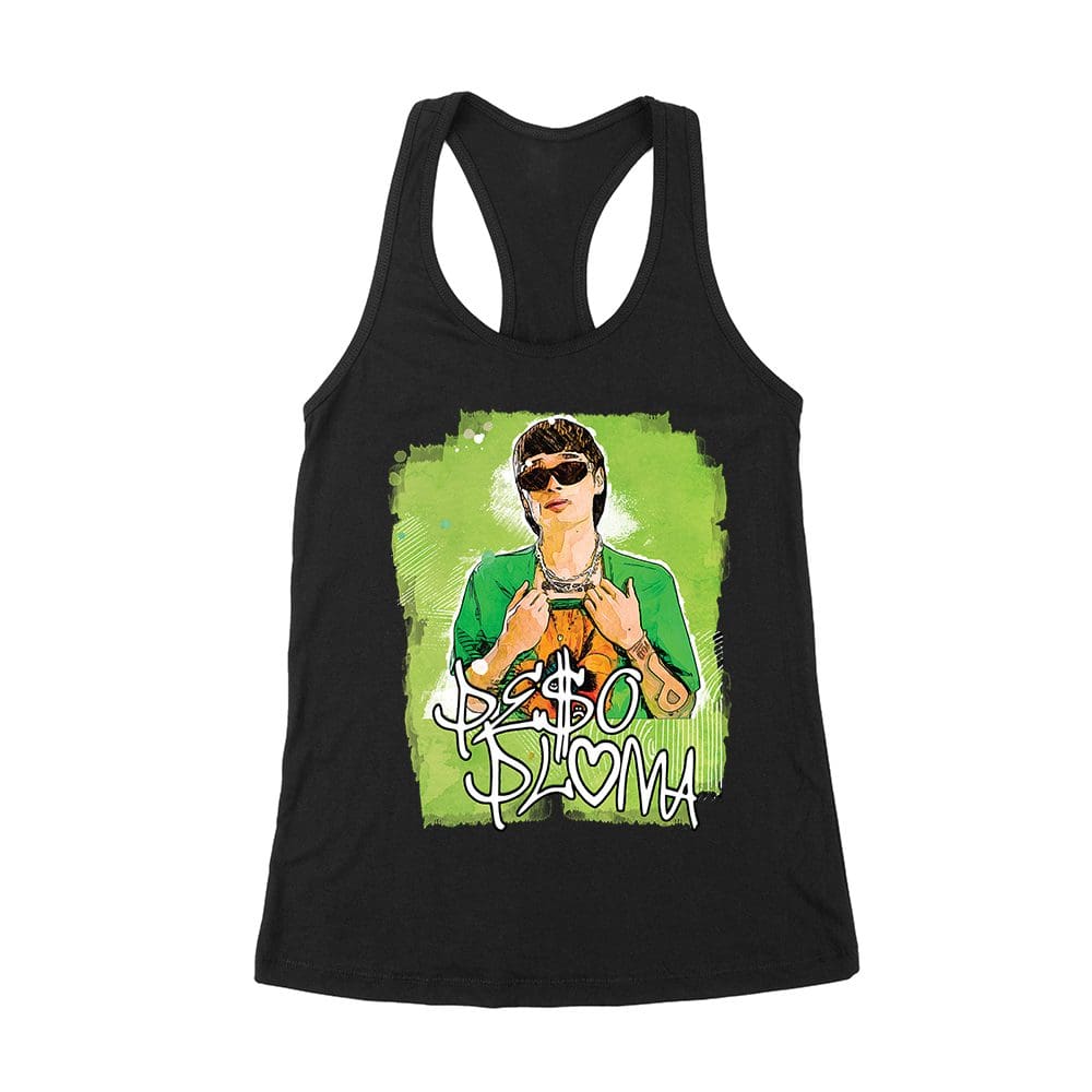 Ppt-01_Wrtt-Black.jpg Peso-Pluma Streetwear Style Graphic T-Shirt With Green Watercolor Background ? Trendy Urban Look Women'S Racerback Tank Top – Viva Party
