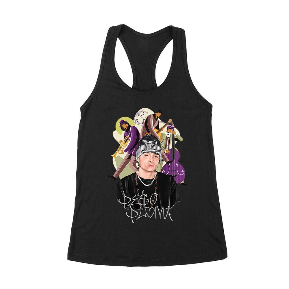 Ppt-02_Wrtt-Black.jpg Peso-Pluma Banda Graphic T-Shirt ? Latin Trio With Trumpet, Guitar &Amp;Amp; Double Bass ? Musical Art Tee Women'S Racerback Tank Top – Viva Party