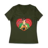 Peso-Pluma Red Heart Graphic T-Shirt ? Latin Music Star Portrait with Love-Themed Design Women Jersey V-Neck