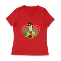 Peso-Pluma Red Heart Graphic T-Shirt ? Latin Music Star Portrait with Love-Themed Design Women Jersey V-Neck