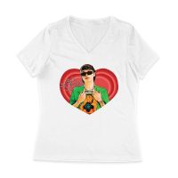Peso-Pluma Red Heart Graphic T-Shirt ? Latin Music Star Portrait with Love-Themed Design Women Jersey V-Neck