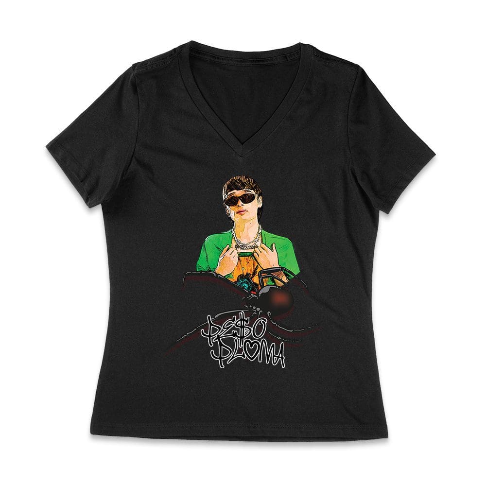 Ppt-22_Wvn-Black.jpg Peso-Pluma Graphic Tee - Striking Artist Image With Iconic Spider Tattoo And Name Design Women Jersey V-Neck – Viva Party