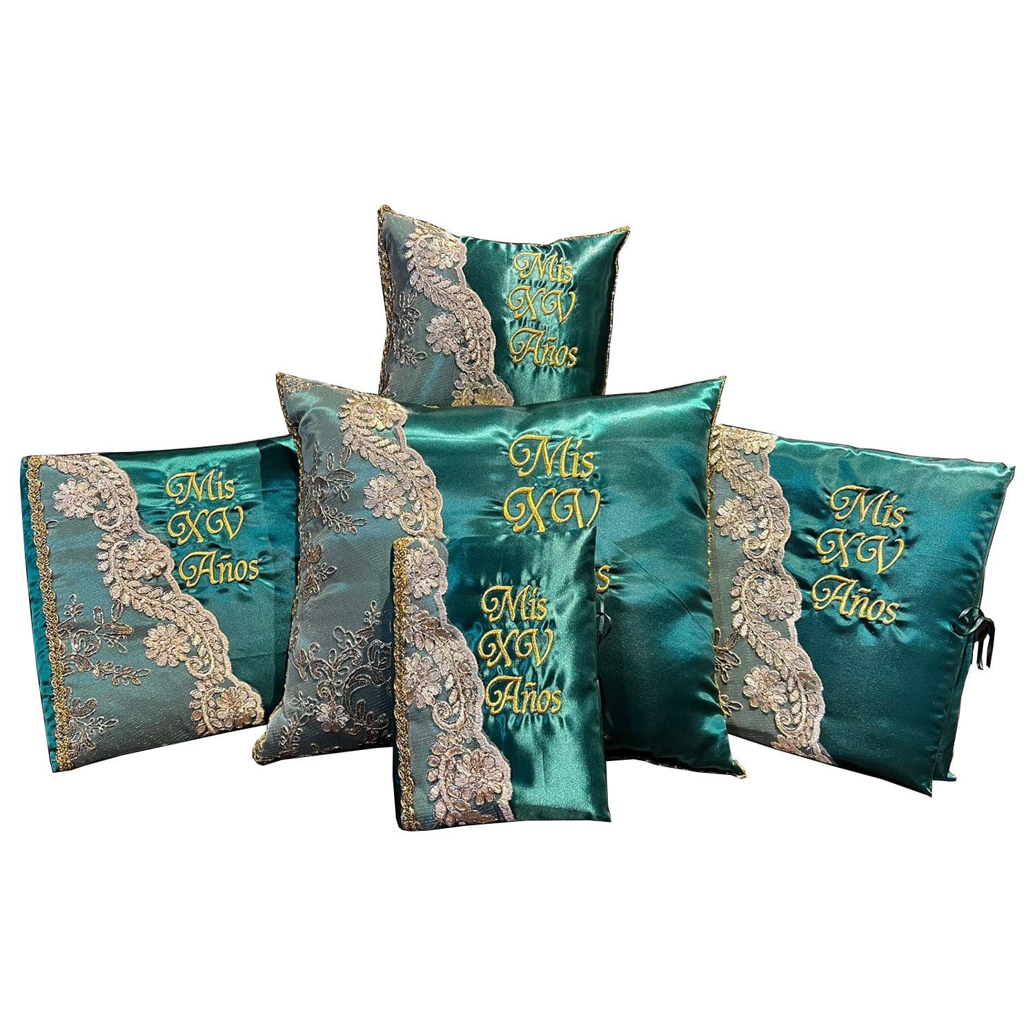 Hunter Green And Gold Quinceanera Pillow Set 5 Pc Hunter Green And Gold Quinceanera Pillow Set - Elegant Mis 15 Anos Celebration Essentials – Viva Party