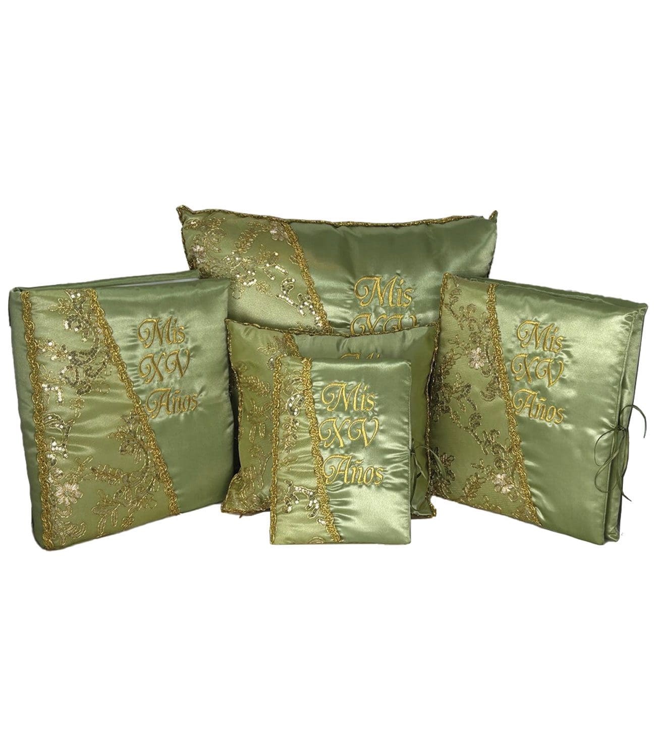 Qs-56-01 5 Pc Sage And Gold Quinceanera Pillow Set - Elegant Mis 15 Anos Celebration Essentials – Viva Party