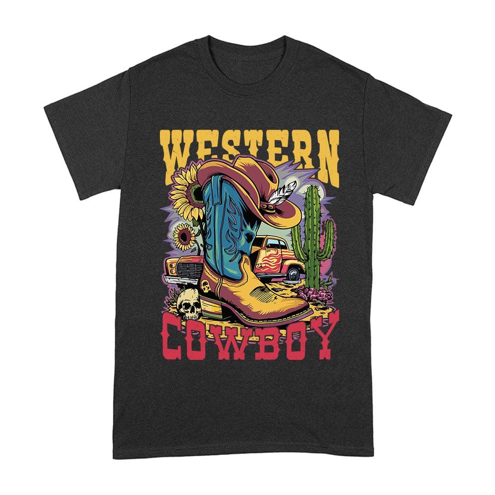 Rod-42_A-Black.jpg Western Cowboy Boot With Hat T-Shirt - Colorful Desert Scene - Cactus, Car &Amp;Amp; Skull Design - Bold Wild West Graphic Tee For Cowboy &Amp;Amp; Rodeo Fans Unisex Adult – Viva Party