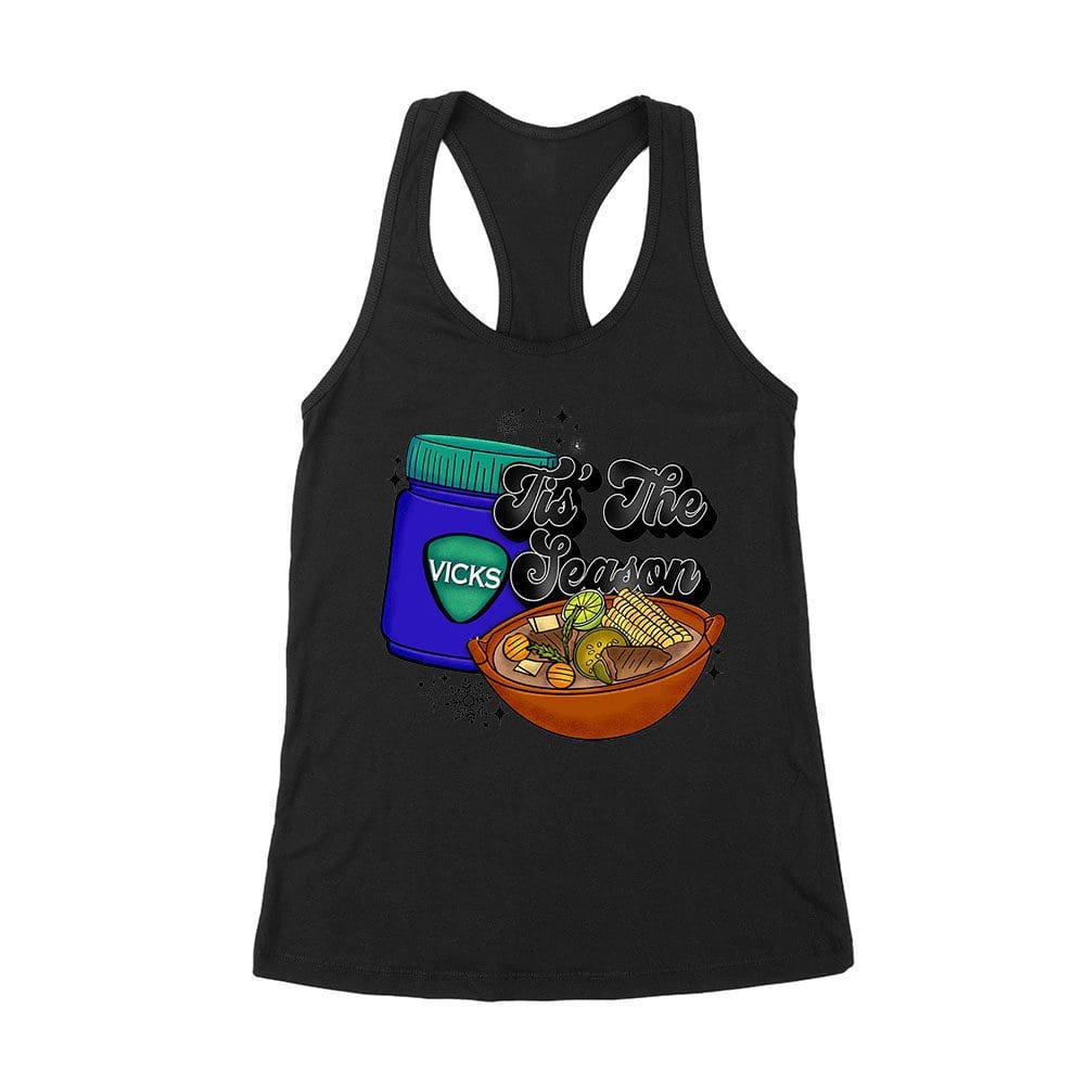 Tksg-05_Wrtt-Black.jpg This The Season Vicks Balm Bottle With Food Bowl T-Shirt - Unique Holiday Wear - Perfect Gift For Fun-Loving Foodies - Cozy Fit Women'S Racerback Tank Top – Viva Party