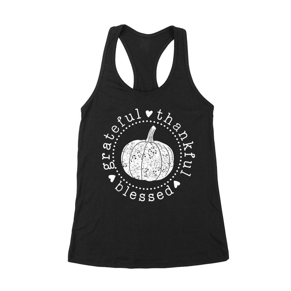 Tksg-08_Wrtt-Black.jpg Grateful Thankful Blessed T-Shirt With Pumpkin Design - Perfect Thanksgiving Wear - Celebrate In Style - Cozy And Comfortable Fit Women'S Racerback Tank Top – Viva Party