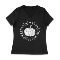 Grateful Thankful Blessed T-Shirt with Pumpkin Design - Perfect Thanksgiving Wear - Celebrate in Style - Cozy and Comfortable Fit Women Jersey V-Neck – Viva Party