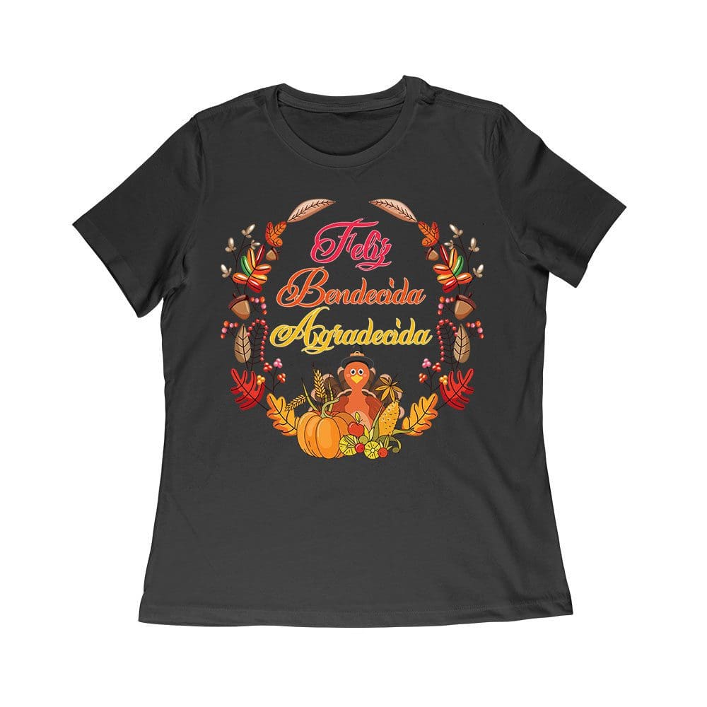 Tksg-10_Wr-Black.jpg Feliz Bendecida Agradecida T-Shirt - Perfect For Thanksgiving - Celebrate In Style - Cozy And Comfortable Fit Women Relaxed – Viva Party