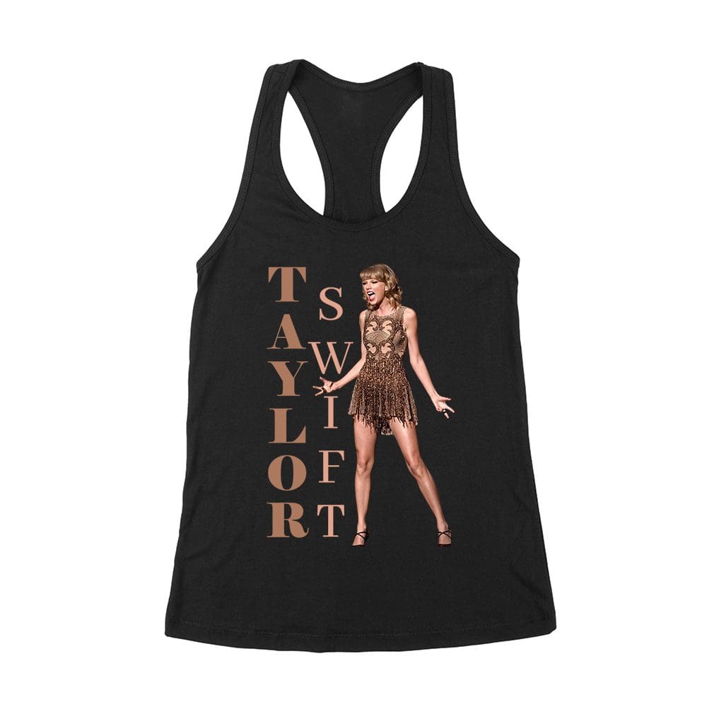Tls-08_Wrtt-Black.jpg Taylor-Swift Bold Letters With Chic Pose T-Shirt Women'S Racerback Tank Top – Viva Party